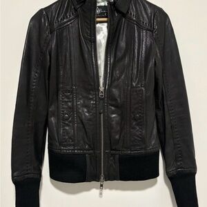 Mackage Leather Jacket XS Black Moto Bomber Aritzia Rib Knit Trim